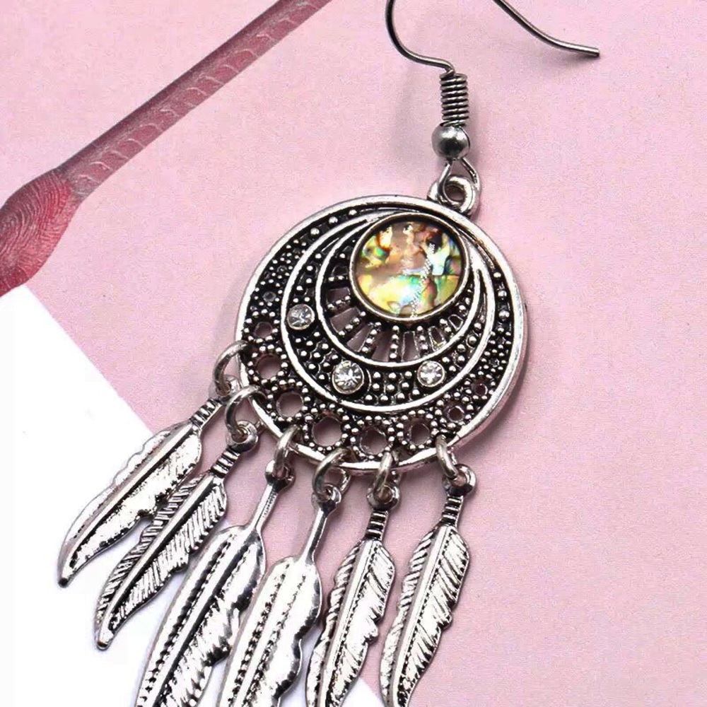 Silver Abalone Feather Bohemian Earrings - Picture 7 of 9